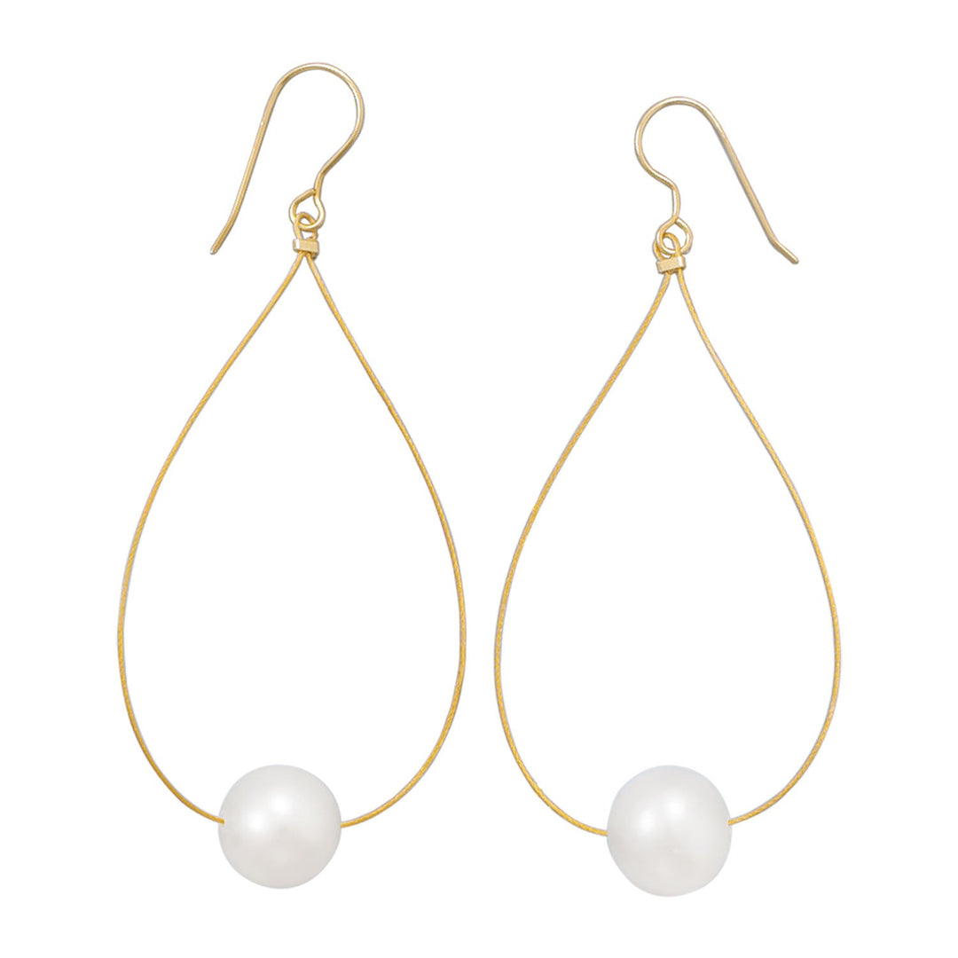 One of our best selling designs! 10.5mm cultured freshwater pearls on loops of 24 karat gold plated cable wire. Finished with 14kt gold french wires.
