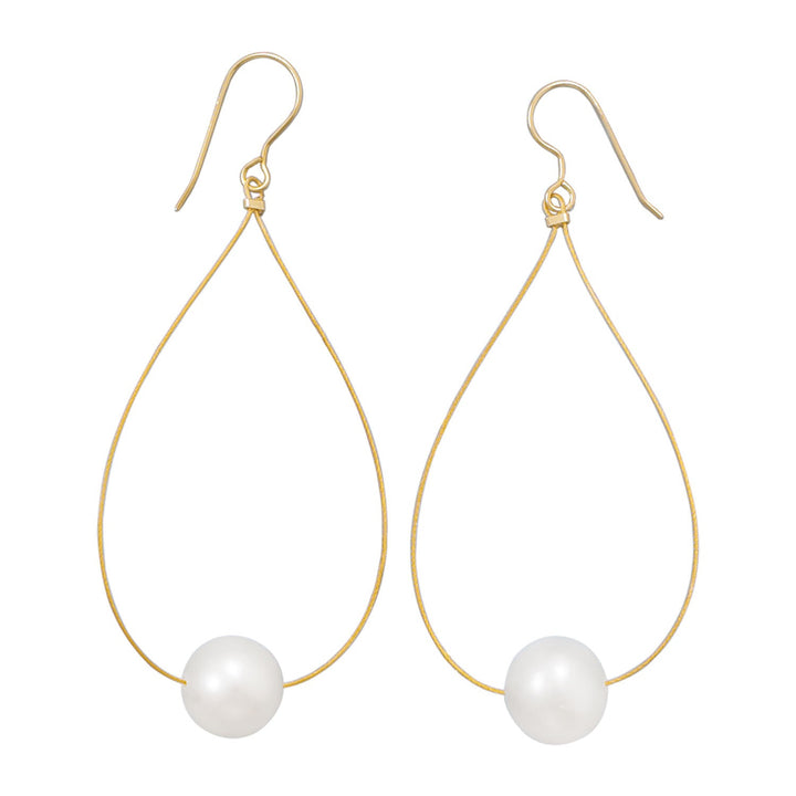 One of our best selling designs! 10.5mm cultured freshwater pearls on loops of 24 karat gold plated cable wire. Finished with 14kt gold french wires.