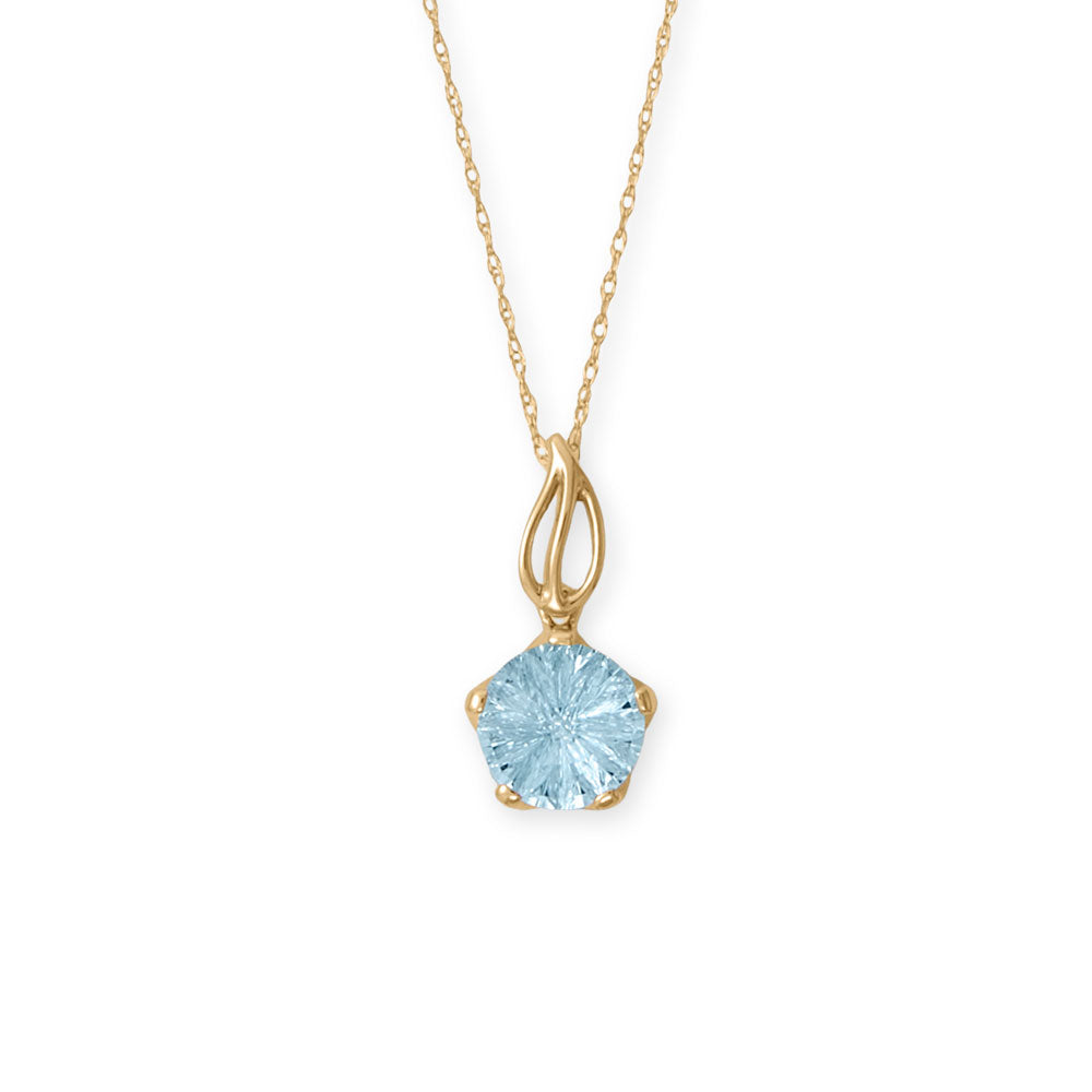 Indulge in pure sophistication with this exquisite sky blue topaz necklace. Crafted from 14 karat gold, the 18" necklace boasts an openwork pendant adorned with an 8mm starburst precision cut sky blue topaz stone. The necklace is finished with a spring ring closure, ensuring a secure and comfortable fit. Elevate any outfit with this stunning piece, perfect for any occasion.