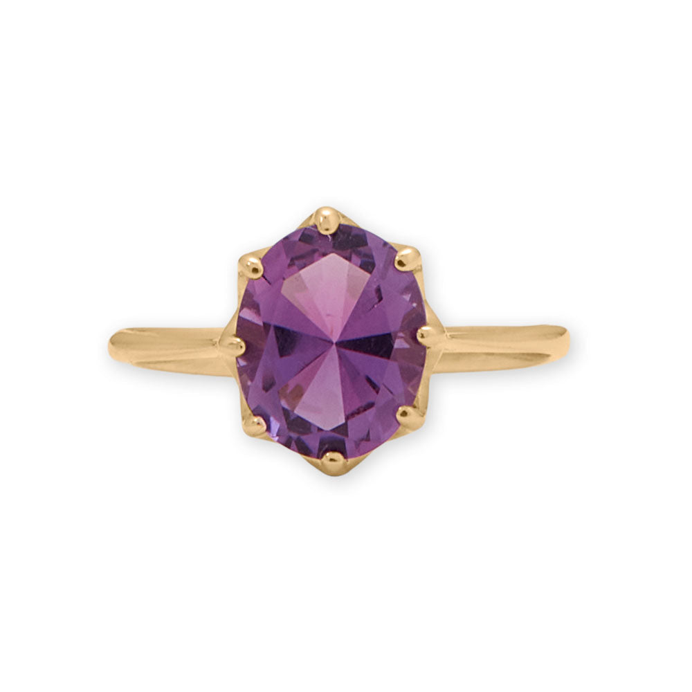 Indulge in the captivating allure of this exquisite amethyst ring. Crafted from 14kt gold, this luxurious piece boasts a 10mm x 8mm precision cut gemstone, elegantly set in an openwork detail setting. Available in whole sizes 6-8, this ring is presented in a lavish gift box, perfect for any occasion.
