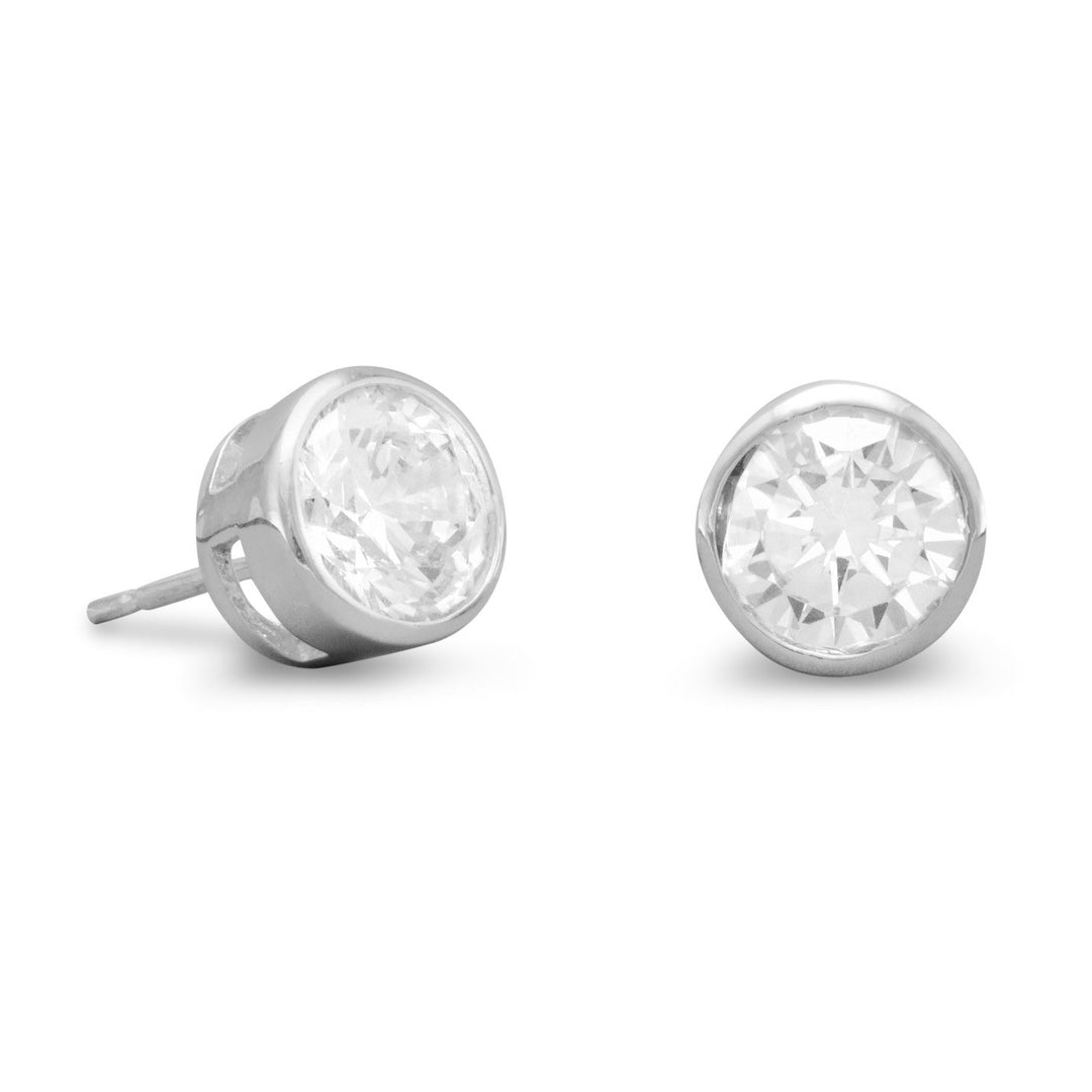 7mm bezel Cubic Zirconia post earrings..925 Sterling Silver