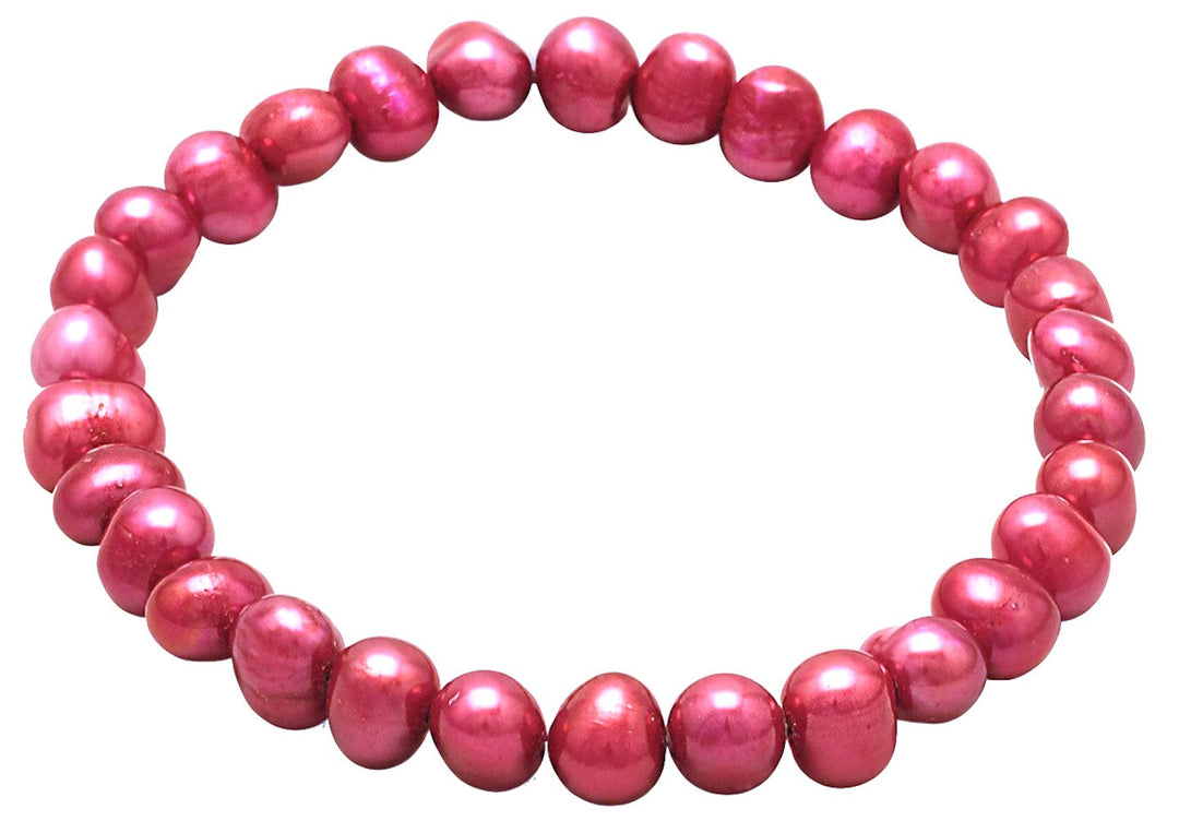 Introducing the Dyed Red Cultured Freshwater Pearl Stretch Bracelet, a stunning piece of jewelry that exudes elegance and sophistication. This bracelet features cultured freshwater pearls that range in size from 6mm to 9mm, providing a beautiful and varied texture.