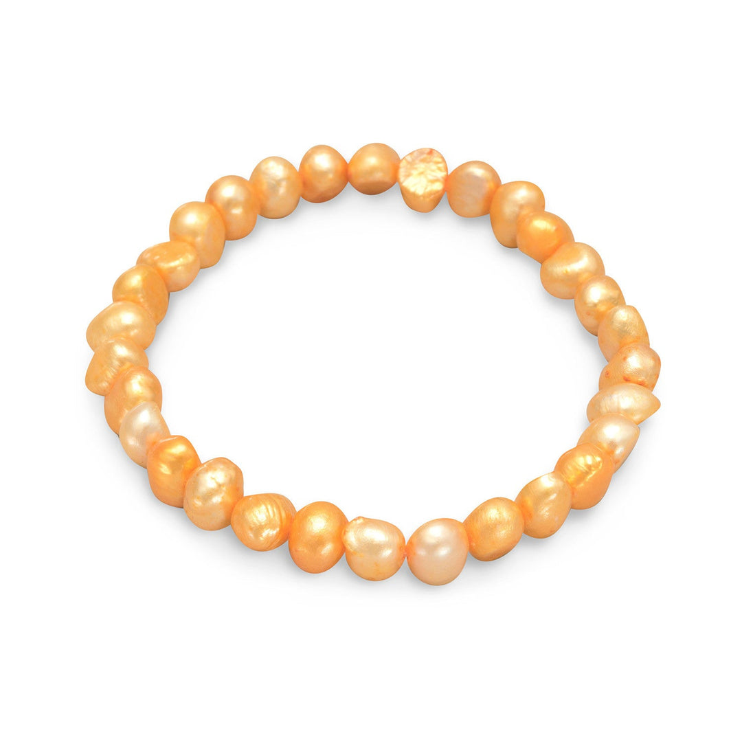 Introducing the Dyed orange colored Cultured Freshwater Pearl Stretch Bracelet, a stunning piece of jewelry that exudes elegance and sophistication. Crafted from high-quality cultured freshwater pearls, this bracelet features a range of sizes, ranging from 6-9 mm, ensuring a unique and eye-catching appearance.