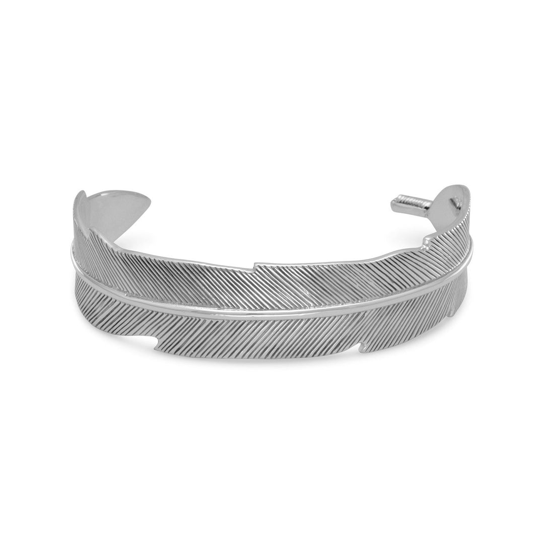 Oxidized sterling silver feather design cuff bracelet. The cuff is 17mm wide. .925 Sterling Silver