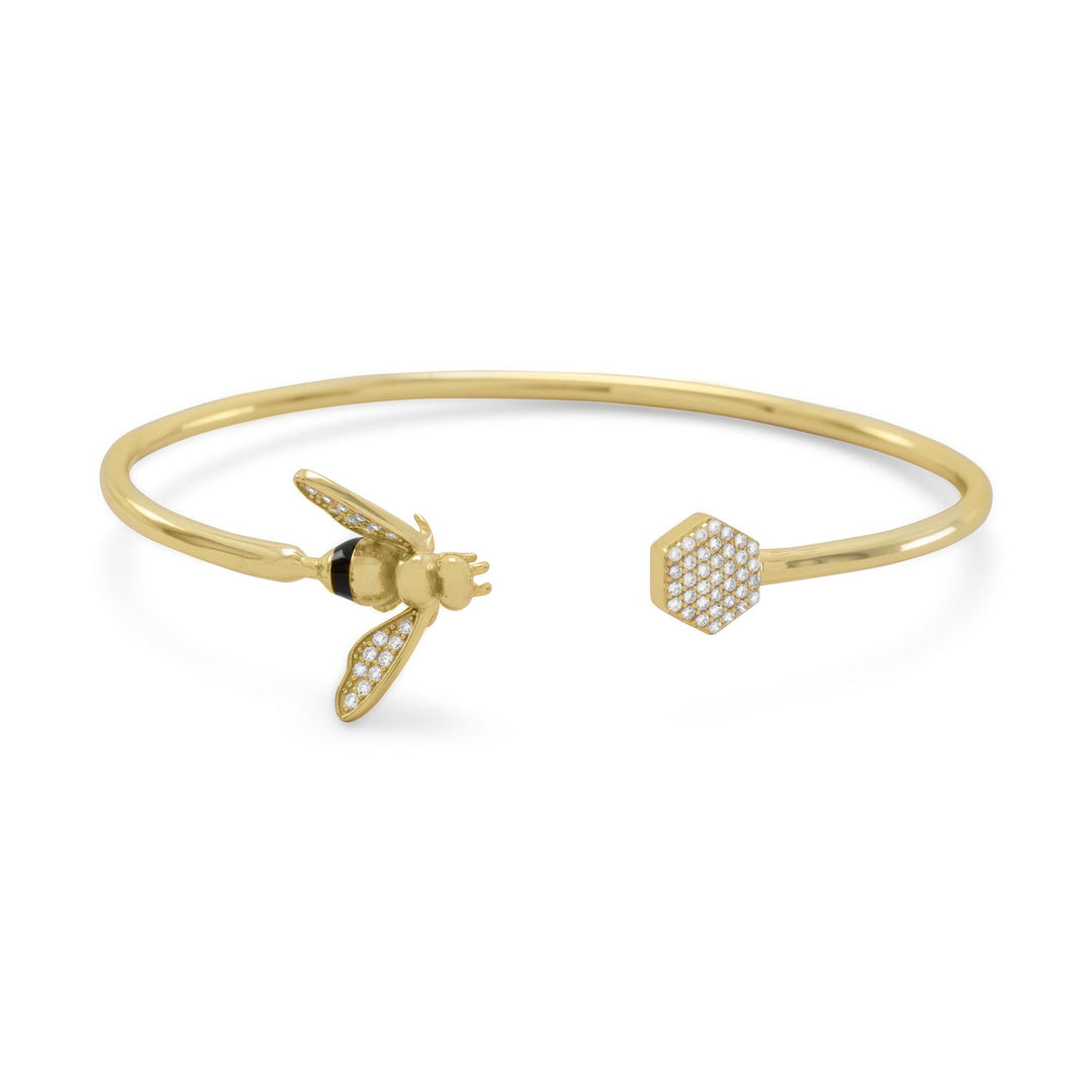 Featuring 14 karat gold plating for added value and durability,The honey bee and honeycomb ends that exude elegance and sophistication, ensuring that it will last for years to come The CZ honeycomb, measuring 8mm, adds a touch of sparkle and glamour to the piece, while the bee, measuring 12mm x 19.5mm, is adorned with Signity CZs on its wings, adding to its allure and beauty. Signity cubic zirconias are a type of synthetic gemstone that are designed to mimic the appearance of natural diamonds.