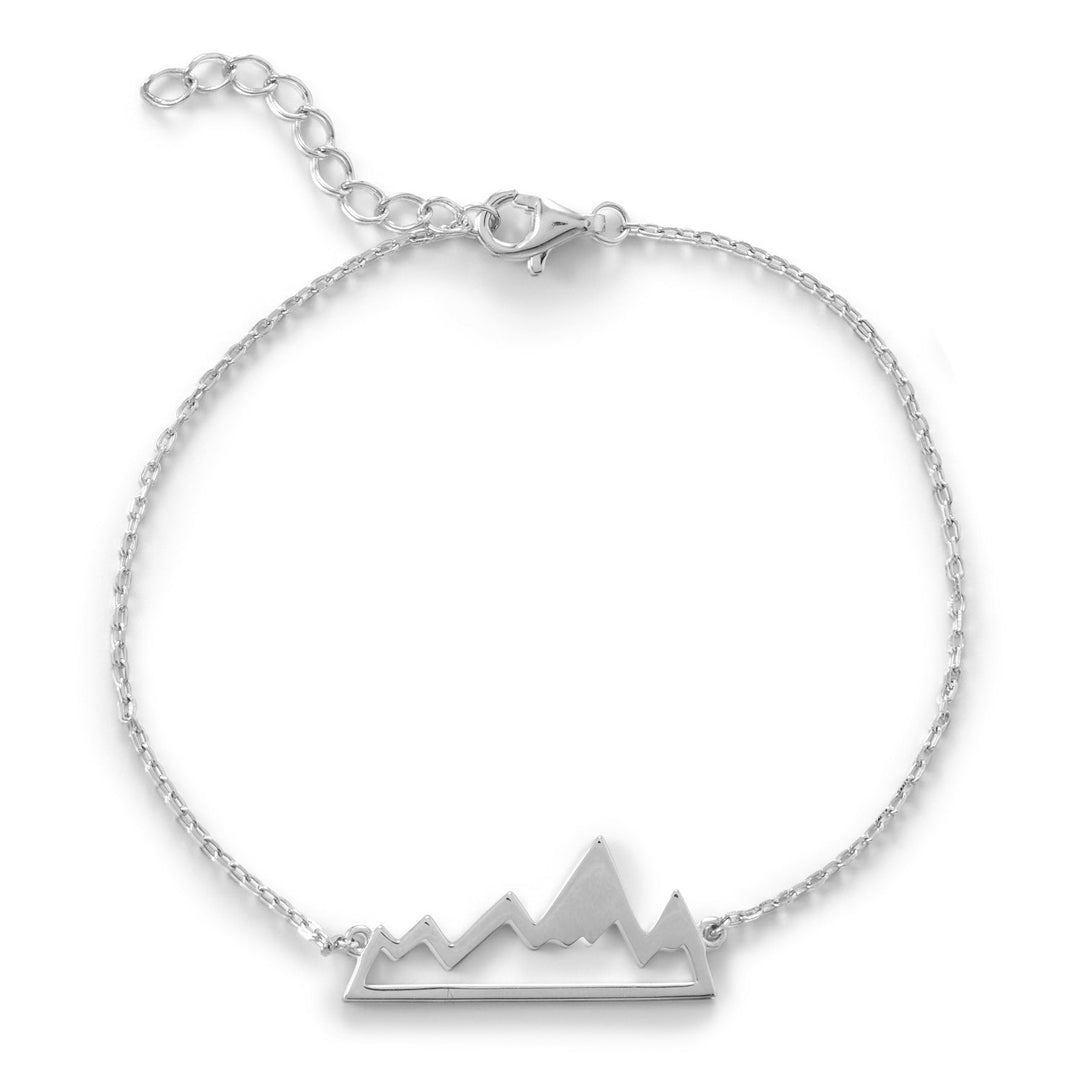 Explore nature in style with our rhodium plated sterling silver mountain range bracelet! 6.5" + 1" extension bracelet, with the mountain range measuring 24.4mm x 10.5mm. .925 Sterling Silver