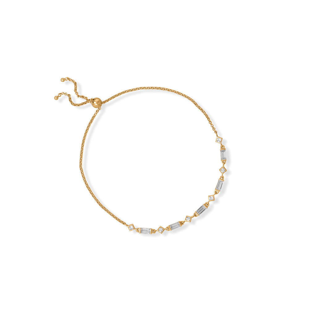 Effortless style? You'll have it in the BAG with this bolo bracelet! 14 karat gold plated sterling silver bracelet features classic white 2mm x 2mm square and 3mm x 5mm baguette Cubic Zirconias. Bracelet is adjustable up to 11" with a 5mm bead stopper. Pro tip: Mix and match or layer our baguette collection for a BOLDER look! .925 Sterling Silver