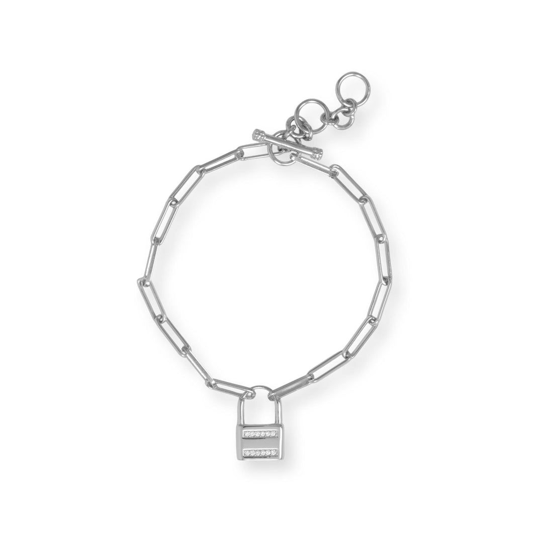 Introducing the pinnacle of opulence, our resplendent bracelet radiates unmatched sophistication. Meticulously fashioned from rhodium plated sterling silver, this 6.5"-7.5" paper clip chain boasts a lock charm embellished with mesmerizing cubic zirconia accents. Enhanced with an adjustable toggle closure, it embodies everlasting devotion. Exquisitely harmonizing with our paperclip/link and lock charm jewelry collection, this lavish masterpiece is an extraordinary token for your beloved.