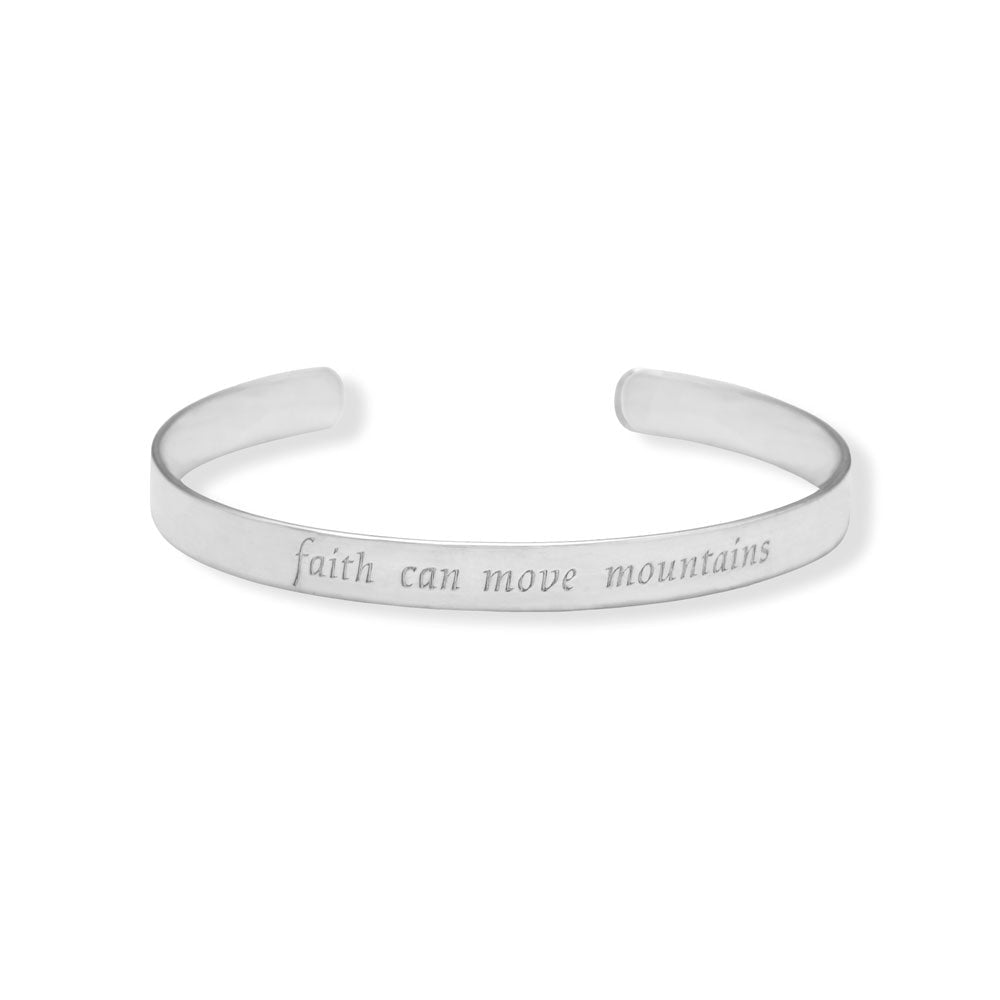 Indulge in the power of faith with this exquisite .925 Sterling Silver cuff bracelet. A true masterpiece of jewelry design, its polished surface boasts a lustrous shine and smooth texture that exudes elegance and refinement. Engraved with the inspiring message of 'faith can move mountains', this versatile piece is a timeless addition to any jewelry collection. Suitable for both men and women