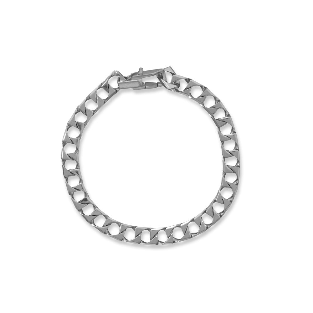 Introducing our opulent masterpiece, a reimagined classic chain style. Crafted with precision, this 8" rhodium plated sterling silver square curb chain bracelet boasts 9mm wide links, exuding an alluring masculinity. The impeccable Italian craftsmanship is evident in the 9mm x 7mm bracelet links and the sleek square lobster clasp. An exquisite gift for any discerning gentleman.