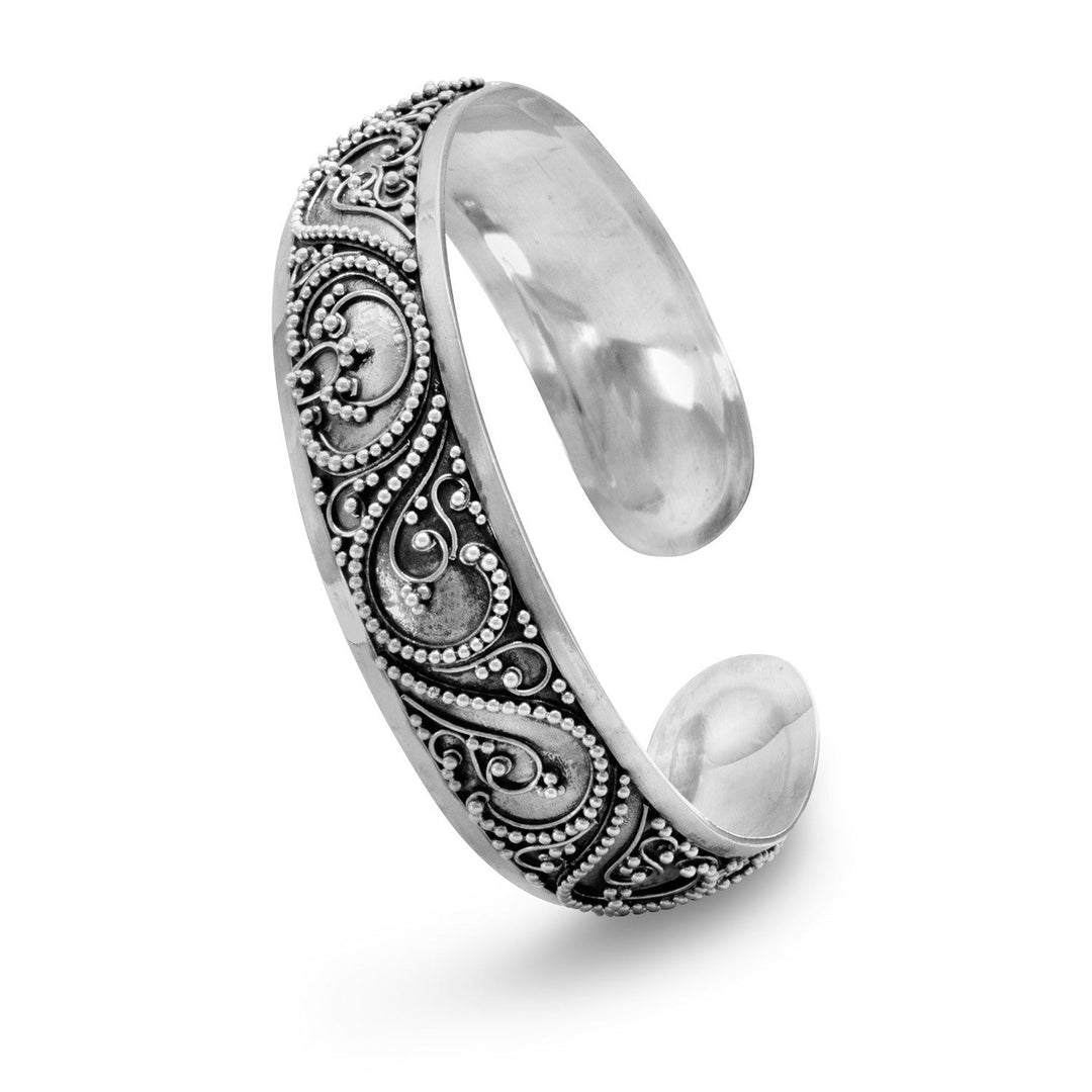 The uniqueness of this cuff is second to none. Oval oxidized sterling silver beaded Bali cuff bracelet measure 13mm wide and has an inside diameter of 52mm. Hand made items will have slight variances. Made in Bali, Indonesia .925 Sterling Silver