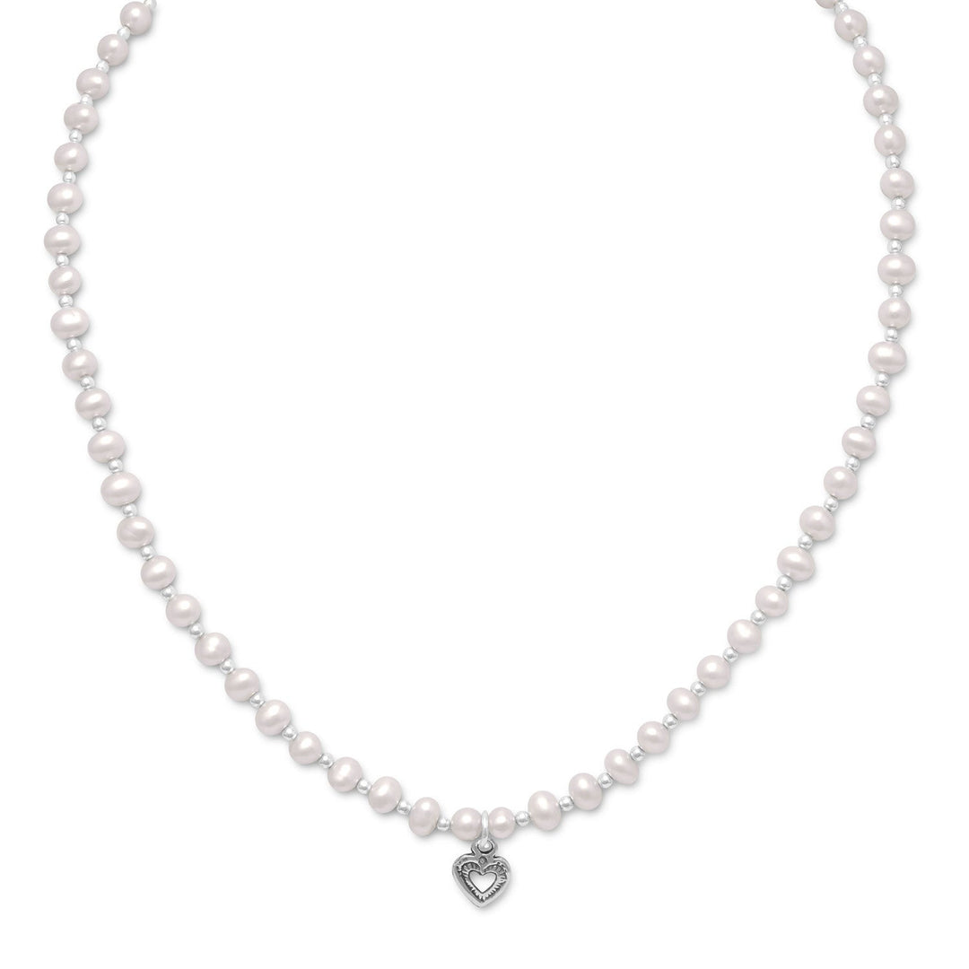 Alternating Pearl and Silver Bead Necklace with Oxidized Heart