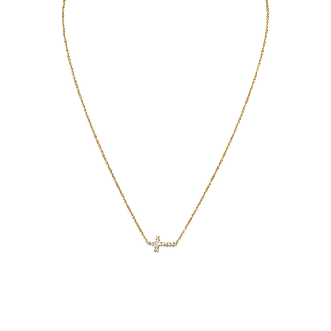 Introducing our exquisite 16" 14 karat gold plated sterling silver necklace, featuring a stunning sideways Cubic Zirconia cross. This piece of jewelry is crafted with the utmost precision and attention to detail, ensuring that it is of the highest quality. The cross measures 6.5mm x 11mm and is adorned with twelve 1.2mm Cubic Zirconias, adding a touch of sparkle and elegance to the design.