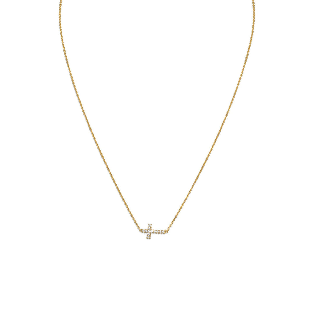 Introducing our exquisite 16" 14 karat gold plated sterling silver necklace, featuring a stunning sideways Cubic Zirconia cross. This piece of jewelry is crafted with the utmost precision and attention to detail, ensuring that it is of the highest quality. The cross measures 6.5mm x 11mm and is adorned with twelve 1.2mm Cubic Zirconias, adding a touch of sparkle and elegance to the design.