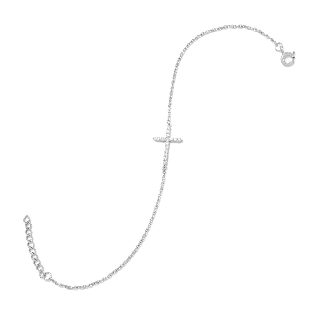 Indulge in our exquisite 7" + 1" extension rhodium plated sterling silver bracelet, featuring a polished 11mm x 15mm sideways cross. Crafted with premium quality .925 sterling silver, this durable and long-lasting piece is perfect for any occasion. Add it to your collection today!
