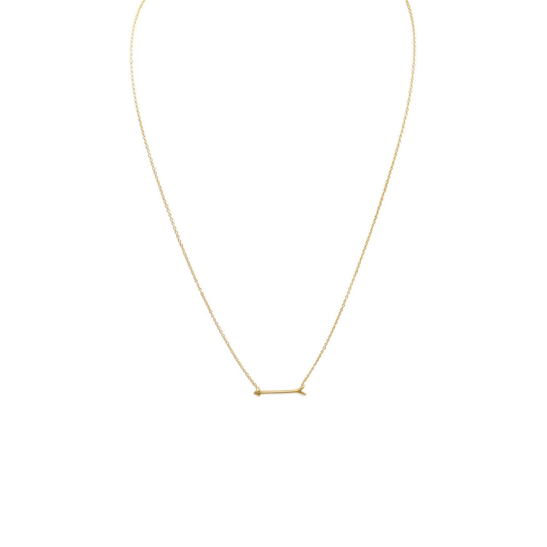 Introducing a stunning piece of jewelry that exudes elegance and sophistication - the 16" + 2" extension 14 karat gold plated sterling silver necklace. This exquisite necklace boasts a value of gold plating that is sure to captivate the attention of onlookers. The centerpiece of this necklace is a 20mm arrow, which holds great symbolism and significance. The arrow represents direction, focus, and determination, making it a perfect accessory for those who strive for success and achievement.