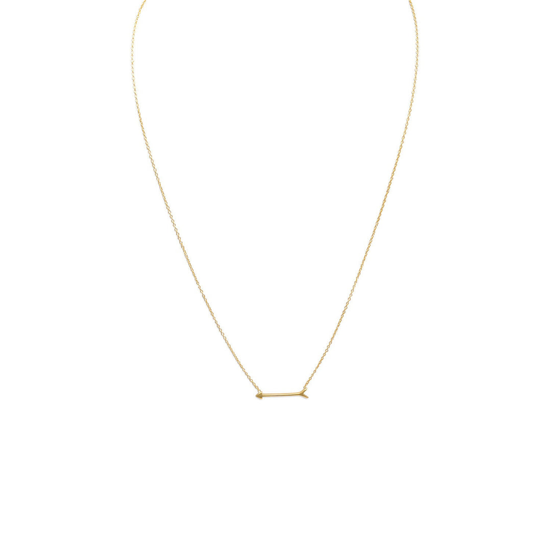 Introducing a stunning piece of jewelry that exudes elegance and sophistication - the 16" + 2" extension 14 karat gold plated sterling silver necklace.  This exquisite necklace boasts a value of gold plating that is sure to captivate the attention of onlookers. The centerpiece of this necklace is a 20mm arrow, which holds great symbolism and significance. The arrow represents direction, focus, and determination, making it a perfect accessory for those who strive for success and achievement.