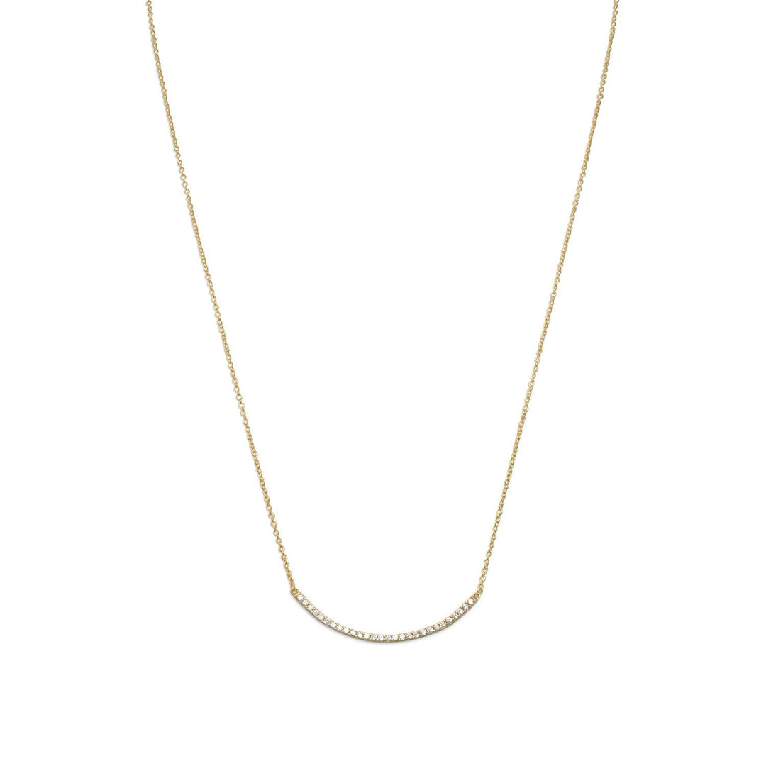 18" + 2" extension 14 karat gold plated sterling silver necklace with a 36mm curved Cubic Zirconia bar. The necklace has a lobster clasp closure. .925 Sterling Silver