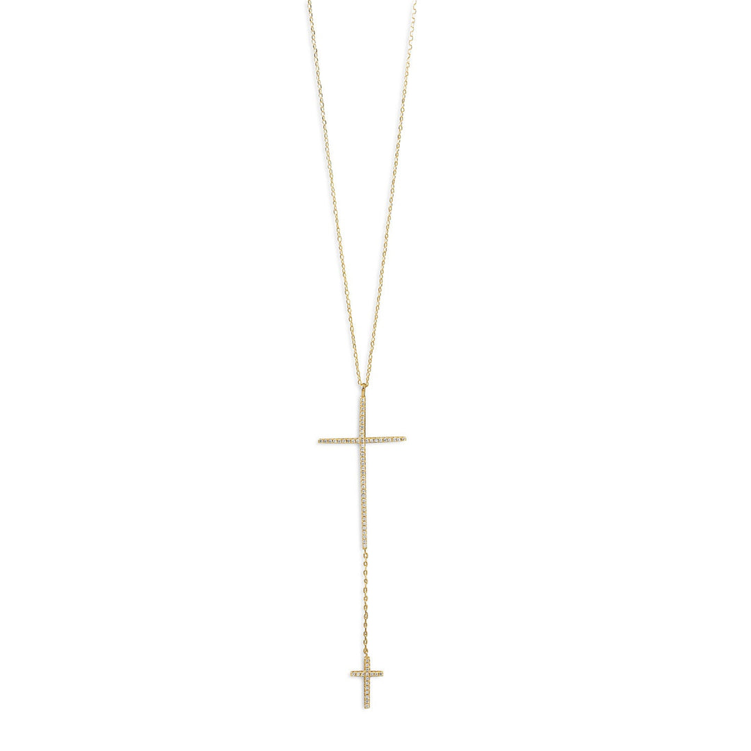 This stunning 24" necklace boasts a 14 karat gold plated sterling silver chain and a double cubic zirconia cross drop. The intricate design and symbolism make it a valuable and beautiful addition to any collection. The lobster clasp closure ensures a secure fit.