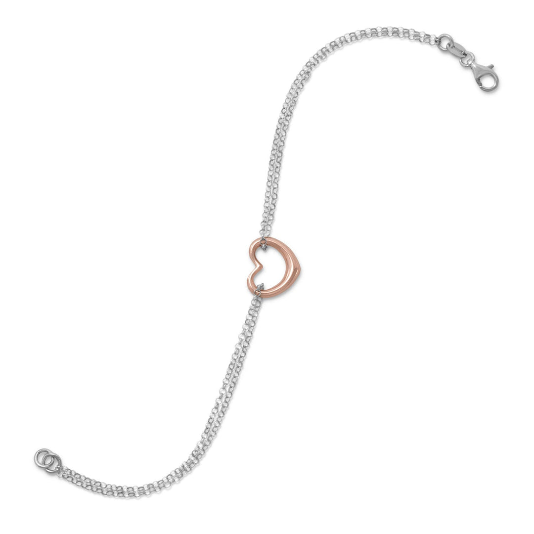 Indulge in the opulence of this Italian-made 7.5" rhodium plated sterling silver double strand bracelet. Adorned with a sliding 14 karat rose gold sterling silver open heart pendant, measuring approximately 12mm x 14mm, this piece exudes luxury. The lobster clasp closure ensures a secure fit. Crafted from .925 sterling silver, this bracelet is a true statement of elegance.
