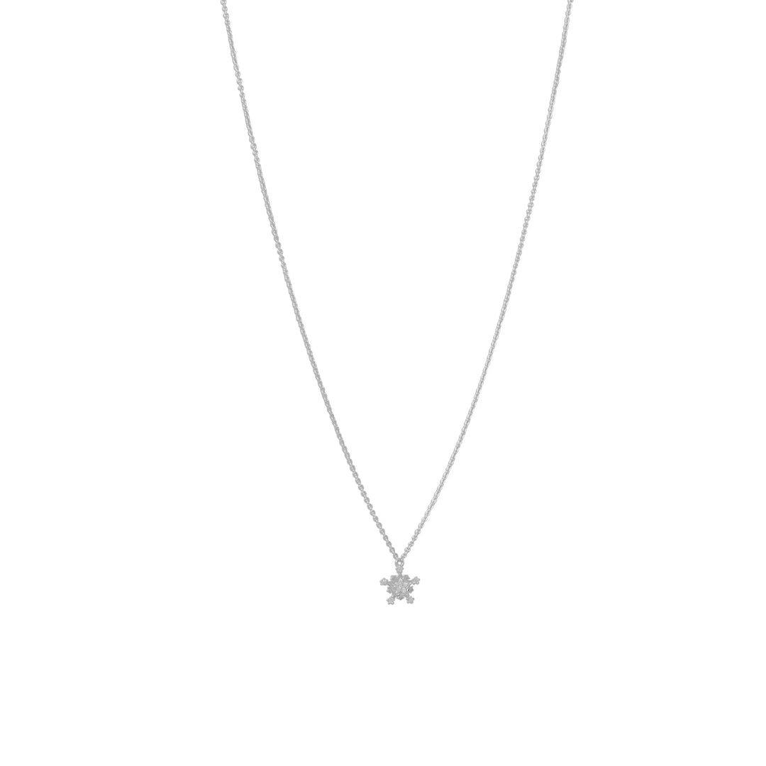 16" + 2" extension chain rhodium-plated sterling silver Cubic Zirconia snowflake necklace. Snowflake measures 10.8mm with little glints of Cubic Zirconia sparkle. Featured on 1.2mm cable chain with lobster clasp closure..925 Sterling Silver