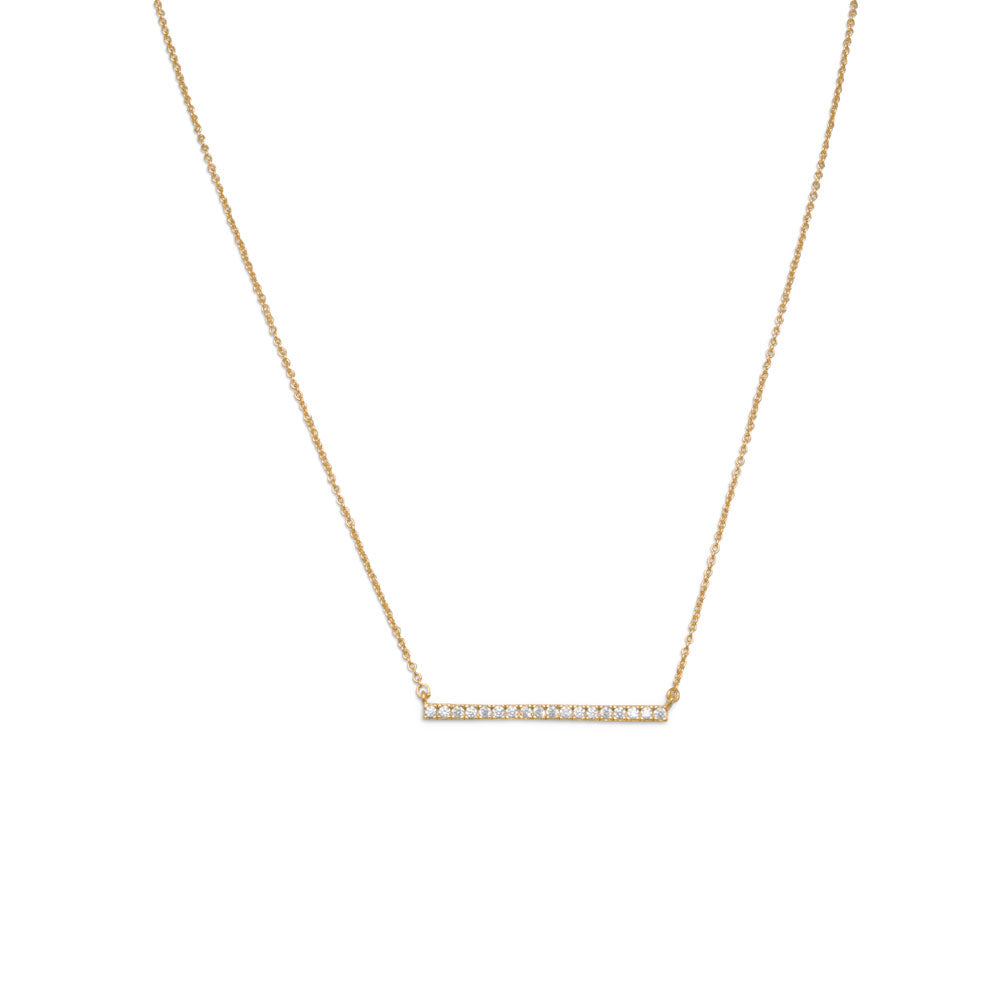 16” + 2” 14 karat gold plated sterling silver Cubic Zirconia bar necklace. The Cubic Zirconia bar is approximately 2mm x 30mm. This necklace has a spring ring closure.