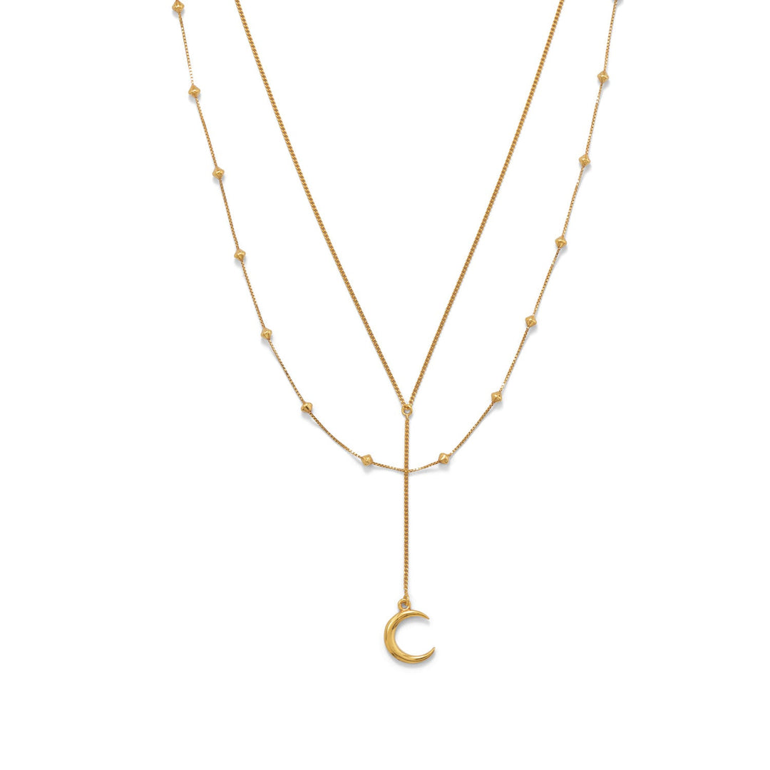 Introducing the ultimate celestial accessory! Our 14K gold plated sterling silver necklace boasts a double strand design, showcasing a captivating 15mm crescent moon charm drop and a dazzling array of 3mm bicone shape beads. Secured with a lobster clasp closure. Crafted with .925 Sterling Silver.