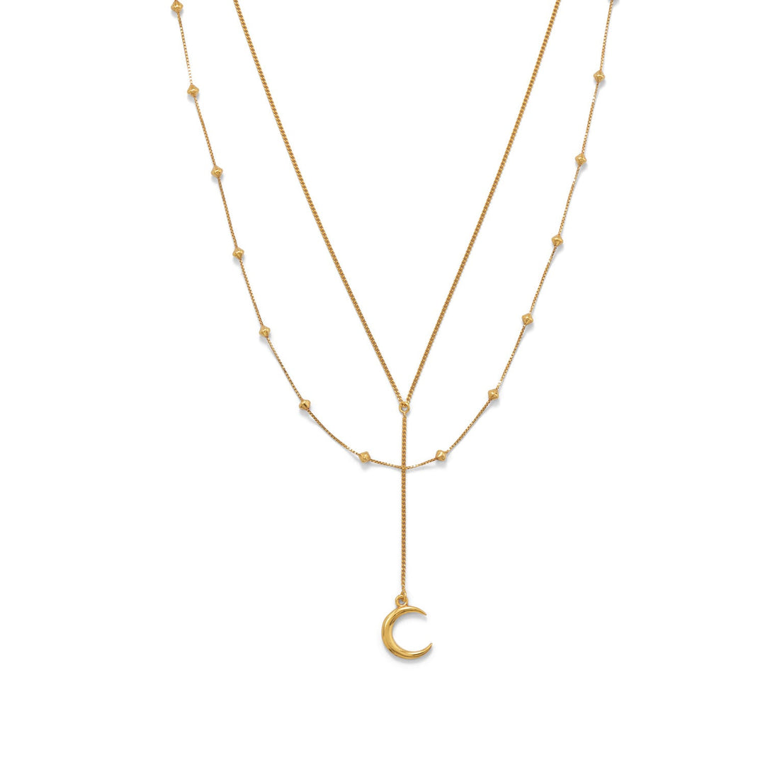Introducing the ultimate celestial accessory! Our 14K gold plated sterling silver necklace boasts a double strand design, showcasing a captivating 15mm crescent moon charm drop and a dazzling array of 3mm bicone shape beads. Secured with a lobster clasp closure. Crafted with .925 Sterling Silver.