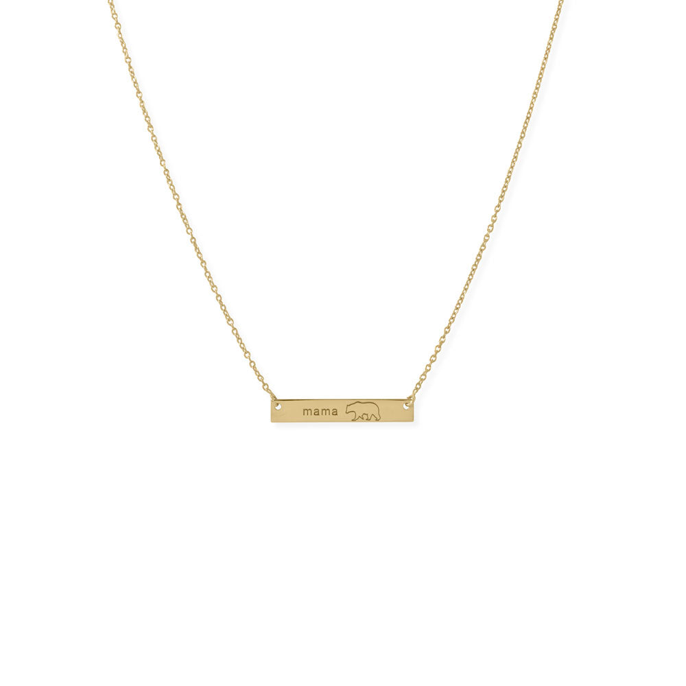 This adorable necklace is perfect for moms who love cute and stylish jewelry. Made with 14 karat gold plated sterling silver, the necklace features a polished bar etched with the word "mama" and a bear outline. The necklace is 16" long with a 2" extension and has a spring ring closure for easy wear. Crafted with .925 sterling silver, this necklace is a must-have accessory for any mom.