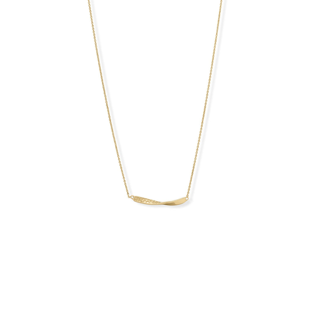 A fun TWIST on the bar necklace! 16" + 2" 14 karat gold plated sterling silver necklace features a 1/2 twist textured and polished bar measuring approximately 3.3mm x 27.5mm. Necklace is finished with a lobster clasp closure.