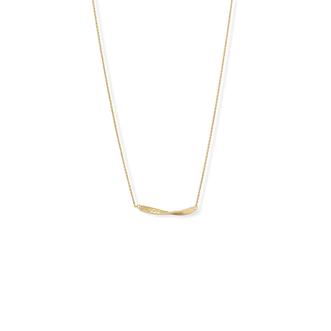 A fun TWIST on the bar necklace! 16" + 2" 14 karat gold plated sterling silver necklace features a 1/2 twist textured and polished bar measuring approximately 3.3mm x 27.5mm. Necklace is finished with a lobster clasp closure. 