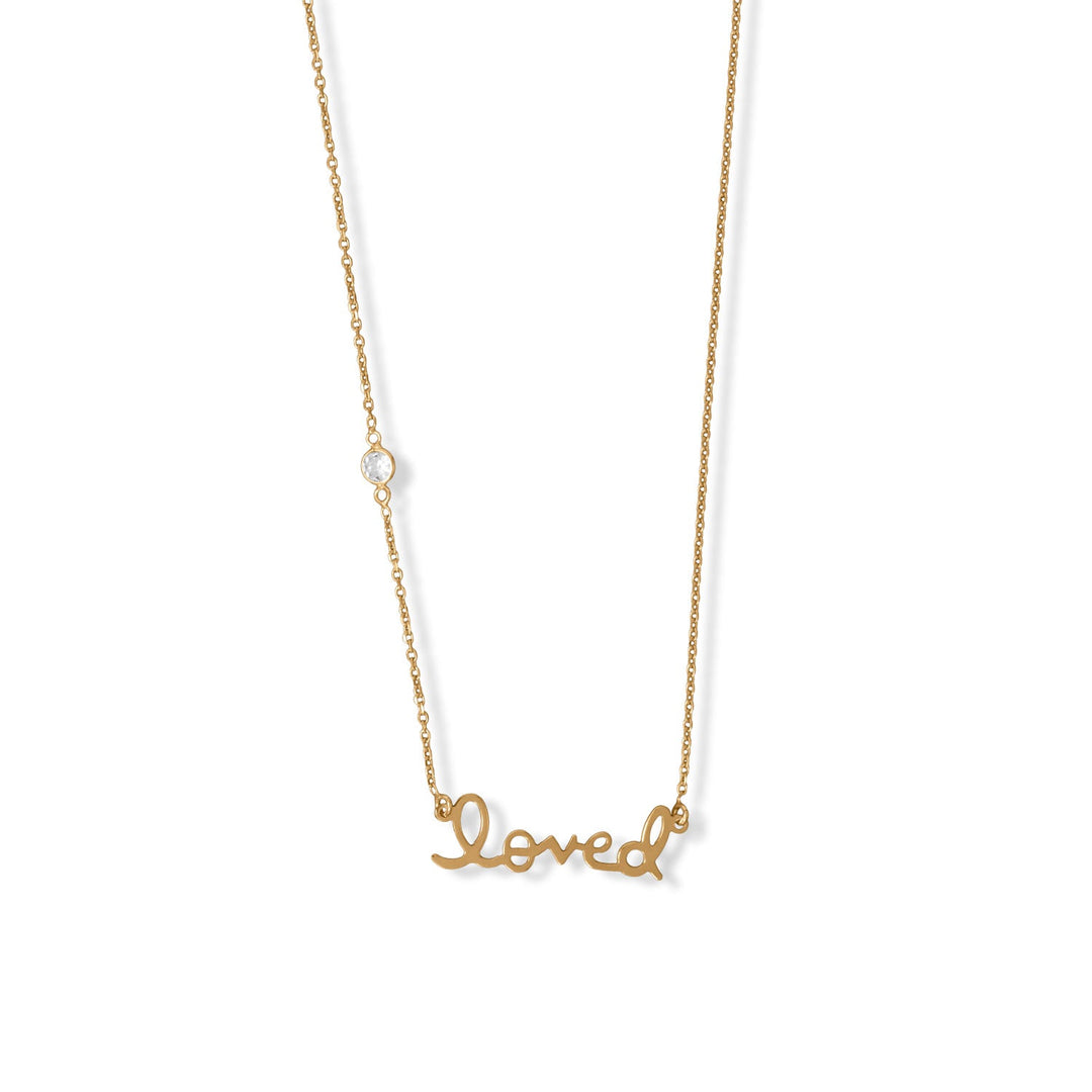 Introducing our exquisite 14 karat gold plated sterling silver necklace, a sweet reminder of love. Adorned with a 4mm cubic zirconia and a cursive "loved" pendant, it exudes beauty and value. Crafted in Italy, this 16" + 2" necklace is finished with a lobster clasp, ensuring a secure and elegant fit. A perfect gift for your beloved, it pairs seamlessly with our other opulent gold jewelry pieces. Elevate your style with this .925 sterling silver masterpiece.