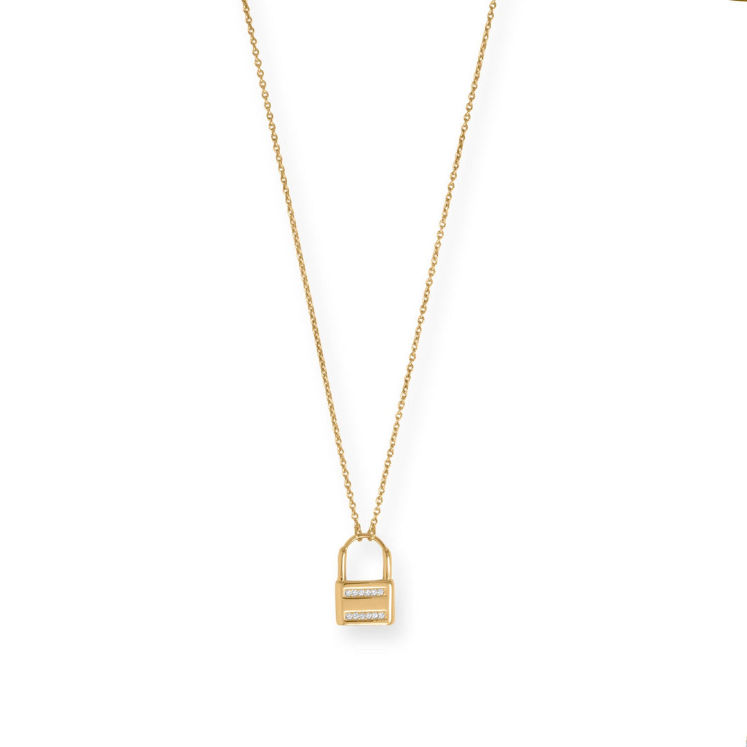 Lock down the ultimate style with this necklace! 16" + 2" 14 karat gold plated sterling silver necklace features a lock charm with Cubic Zirconia accents on both sides and is finished with a lobster clasp closure.  .925 Sterling Silver 