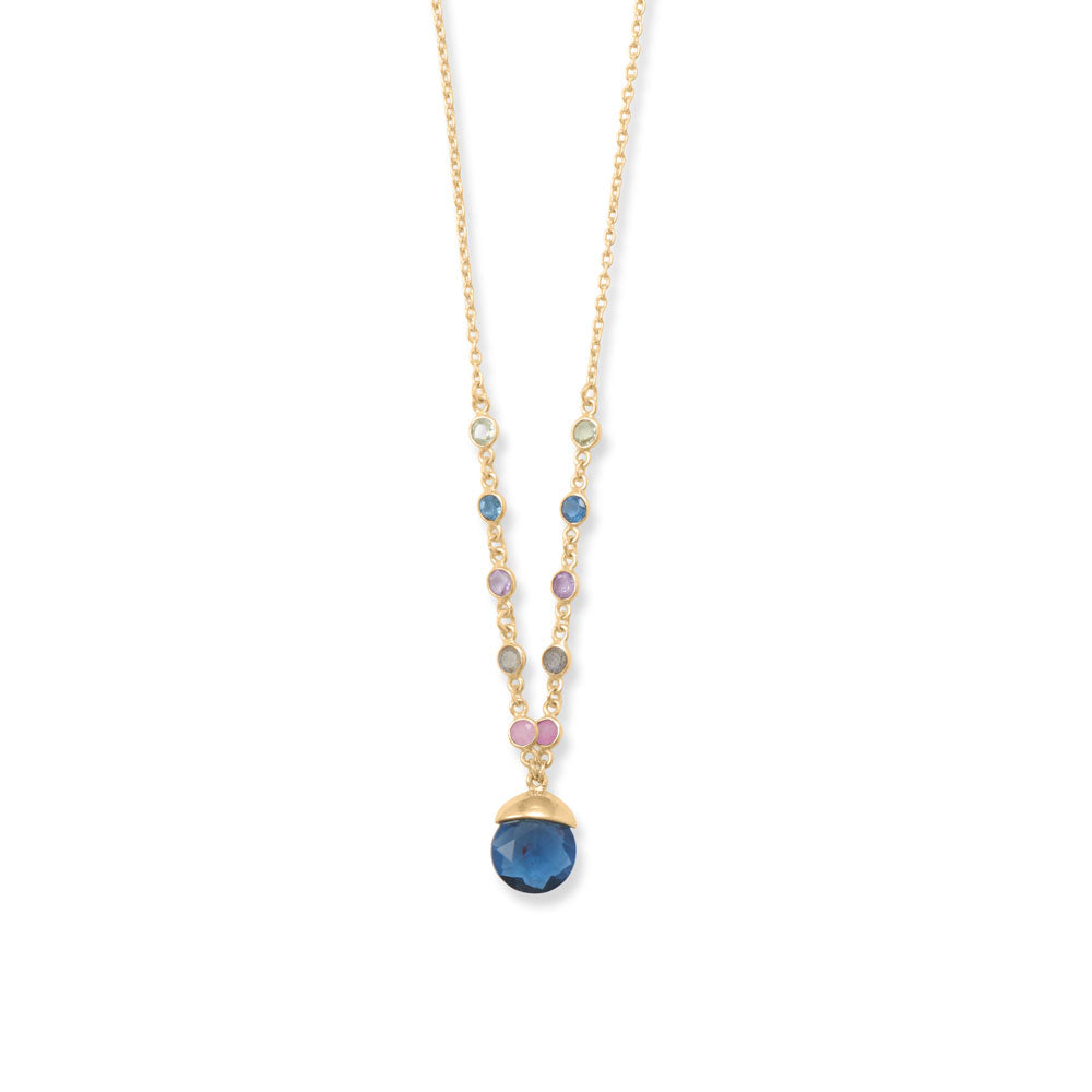Beautiful blue with pretty pops of color. 16" + 1" +1" 14 karat gold plated sterling silver necklace has a 10mm x 12mm blue glass drop with 3mm round prasiolite, blue glass, amethyst, labradorite, and pink dyed chalcedony accents. Necklace is finished with a lobster clasp closure. .925 Sterling Silver