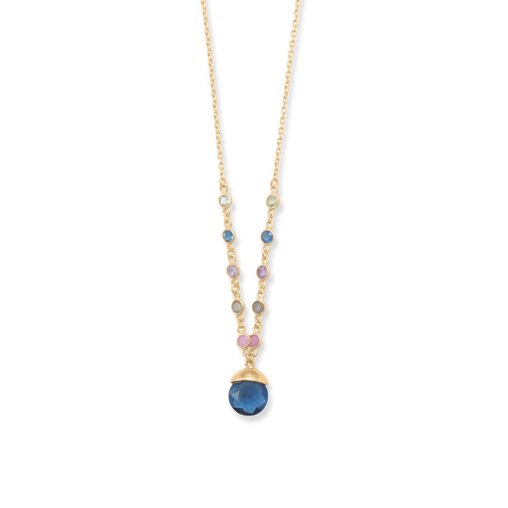Beautiful blue with pretty pops of color. 16" + 1" +1" 14 karat gold plated sterling silver necklace has a 10mm x 12mm blue glass drop with 3mm round prasiolite, blue glass, amethyst, labradorite, and pink dyed chalcedony accents. Necklace is finished with a lobster clasp closure.  .925 Sterling Silver 
