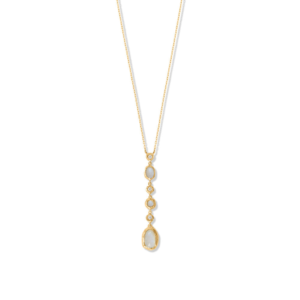 Introducing our exquisite designer appeal necklace, crafted to elevate your look to new heights. This 16" + 2" necklace is plated with 14 karat gold and features a stunning textured drop, adorned with a combination of cubic zirconias and rainbow moonstones. The rainbow moonstones are available in three sizes, measuring 6.0mm x 4.0mm, 3.5mm, and 10.0mm x 6.0mm, while the cubic zirconias are 2mm in size. The drop measures 2" and is finished with a secure lobster clasp closure.