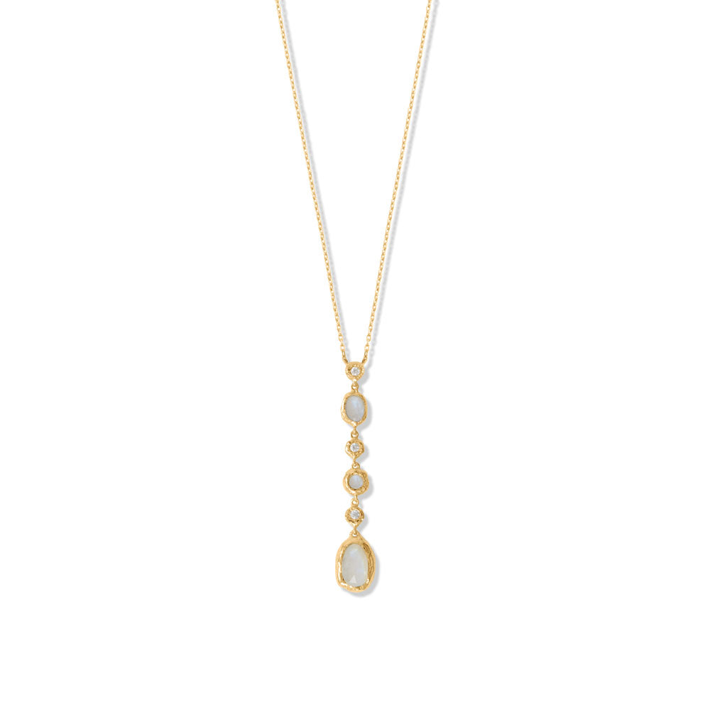 Introducing our exquisite designer appeal necklace, crafted to elevate your look to new heights. This 16" + 2" necklace is plated with 14 karat gold and features a stunning textured drop, adorned with a combination of cubic zirconias and rainbow moonstones. The rainbow moonstones are available in three sizes, measuring 6.0mm x 4.0mm, 3.5mm, and 10.0mm x 6.0mm, while the cubic zirconias  are 2mm in size. The drop measures 2" and is finished with a secure lobster clasp closure.