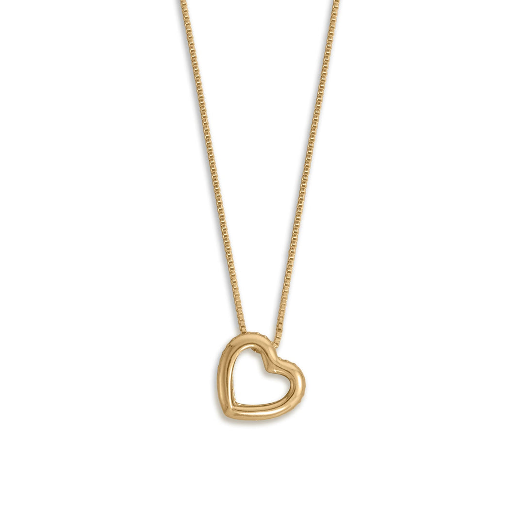 Our stunning 16" + 2" 14 karat gold plated sterling silver necklace, featuring a floating heart pendant adorned with three rows of pave cubic zirconias. The intricate design showcases the delicate placement of the pave cubic zirconias, adding a surprising bling secret to the piece. The heart pendant measures 15.8mm x 14.6mm, while the pave cubic zirconias are 1.2mm in size, creating a dazzling effect that is sure to capture attention.