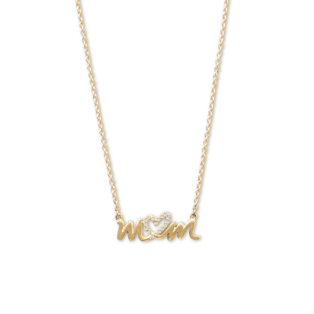 Introducing a stunning piece of jewelry that is perfect for honoring the special moms in your life! This 16" + 2" 14 karat gold plated sterling silver "mom" necklace is designed with a heart detail that is adorned with 1.8mm cubic zirconias, adding a touch of sparkle to the piece. The total necklace design measures 25.5mm X 8.5mm, making it a delicate and elegant accessory that is sure to impress.