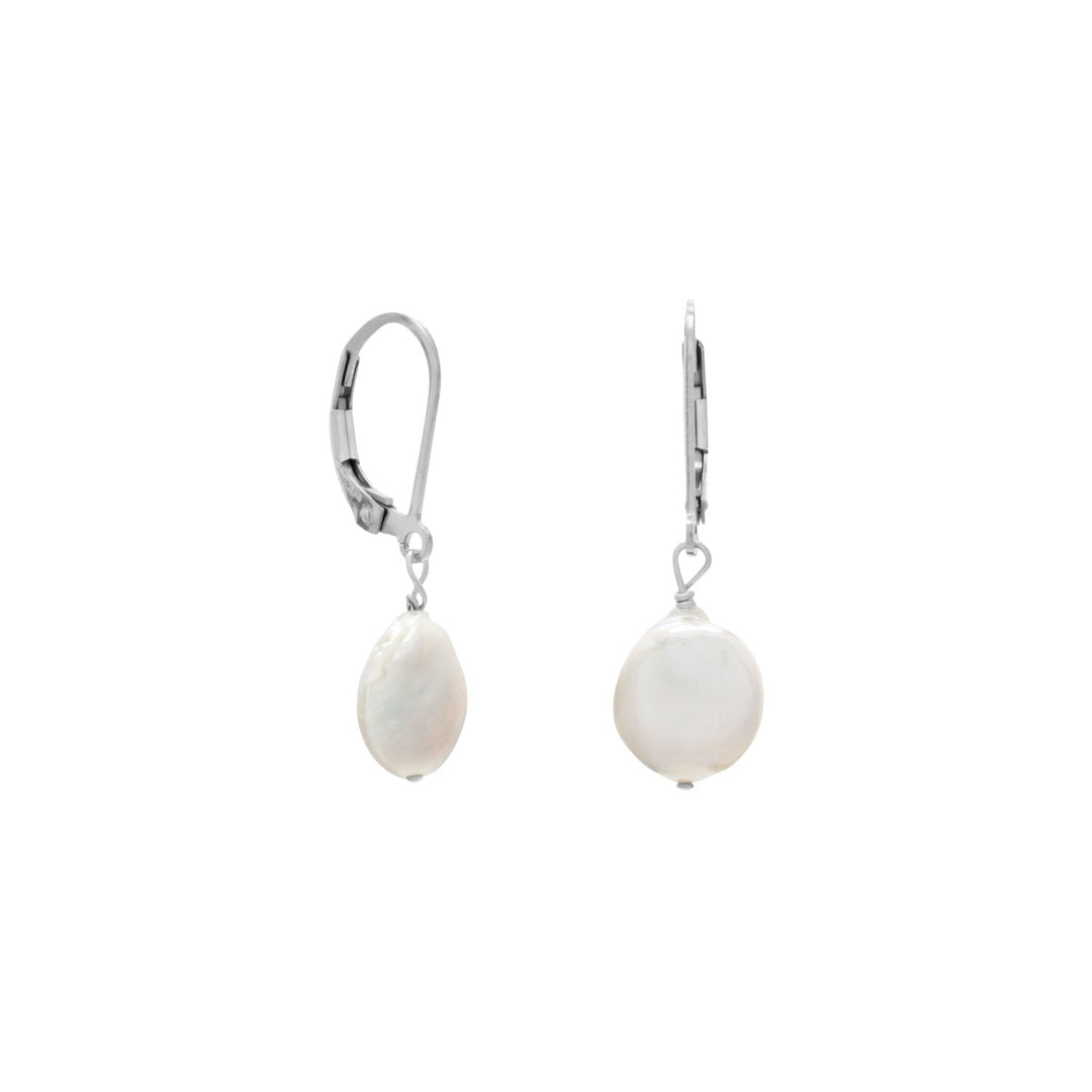Featuring approximately 12mm coin shaped cultured freshwater pearls. These pearls are renowned for their lustrous shine and smooth texture, making them a timeless addition to any jewelry collection. The earrings boast a hanging length of 32mm, providing a subtle yet striking accent to any outfit.