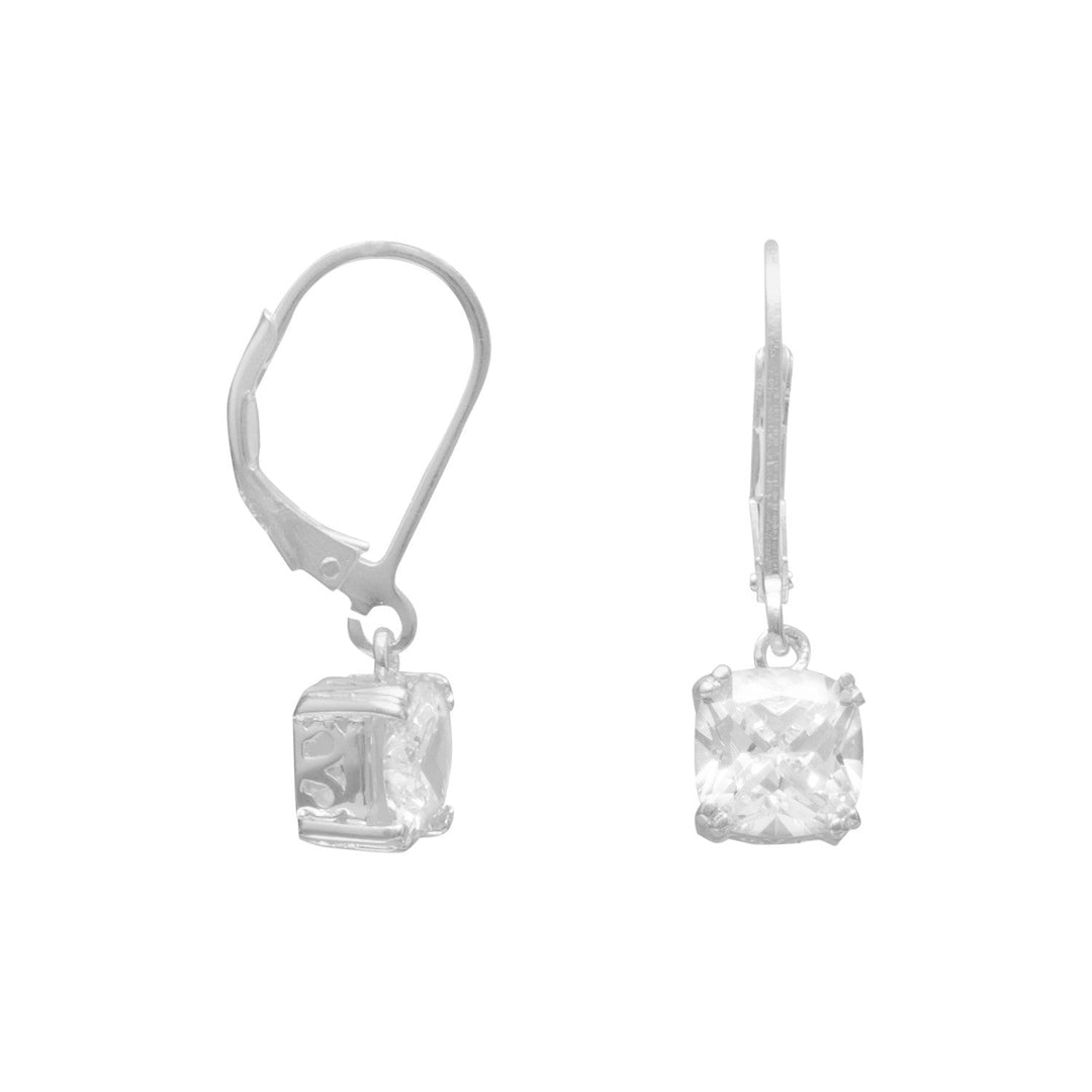 Sterling silver lever earrings feature 7mm cushion cut CZs. Hanging length is 25mm. .925 Sterling Silver
