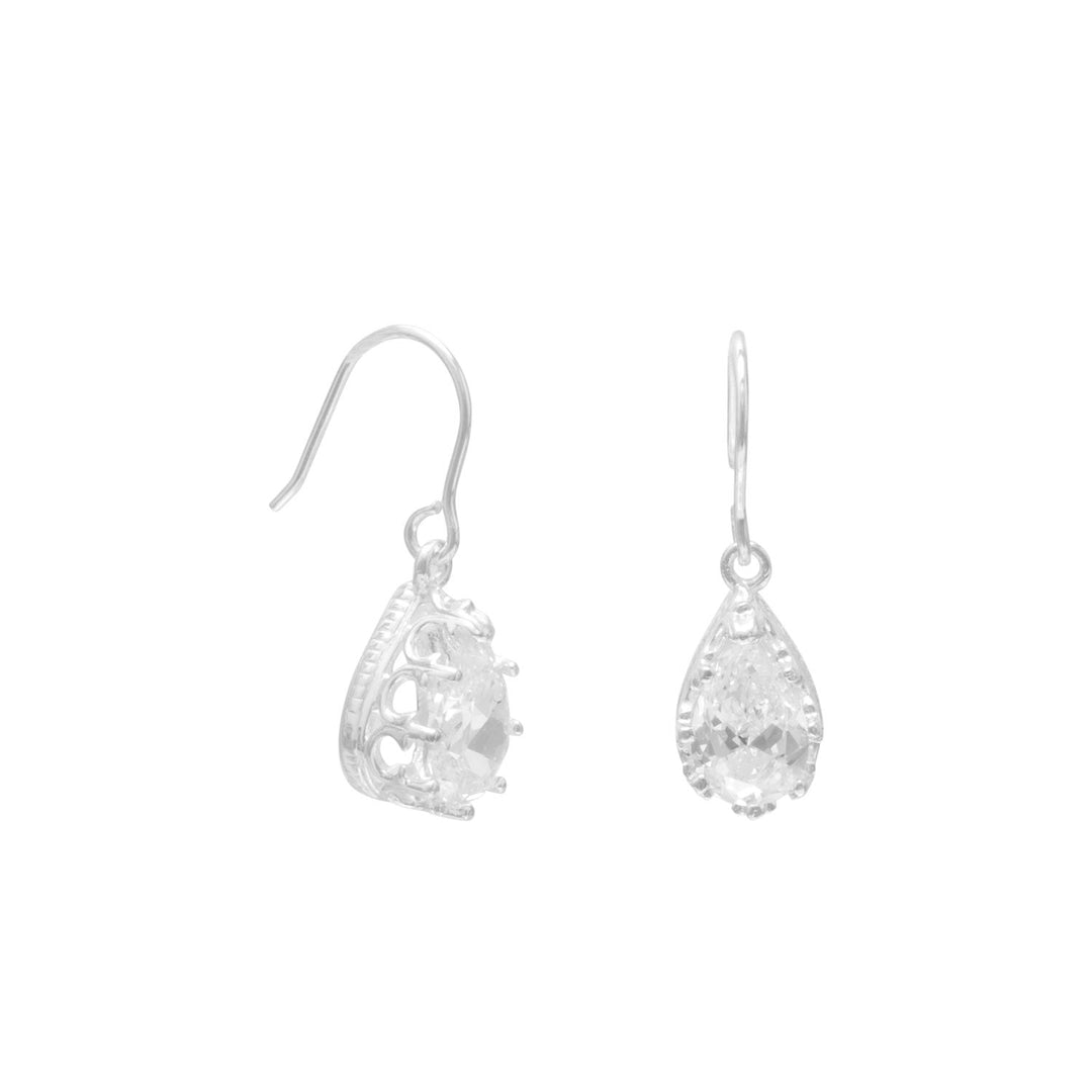 9x7mm Pear Shape Cubic Zirconia/Crown Edge French Wire Earrings Hanging length 25mm. .925 Sterling Silver