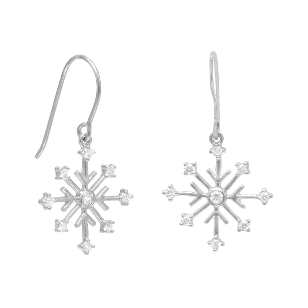Introducing the classic snowflake earrings, a must-have accessory for the winter season. These exquisite earrings are crafted from rhodium-plated .925 sterling silver Feature stunning 18mm snowflake drops Adorned with eight 2mm cubic zirconia stones and one 3mm bezel-set cubic zirconia stone. The earrings have a hanging length of 34mm, making them the perfect statement piece to add to your winter wardrobe.