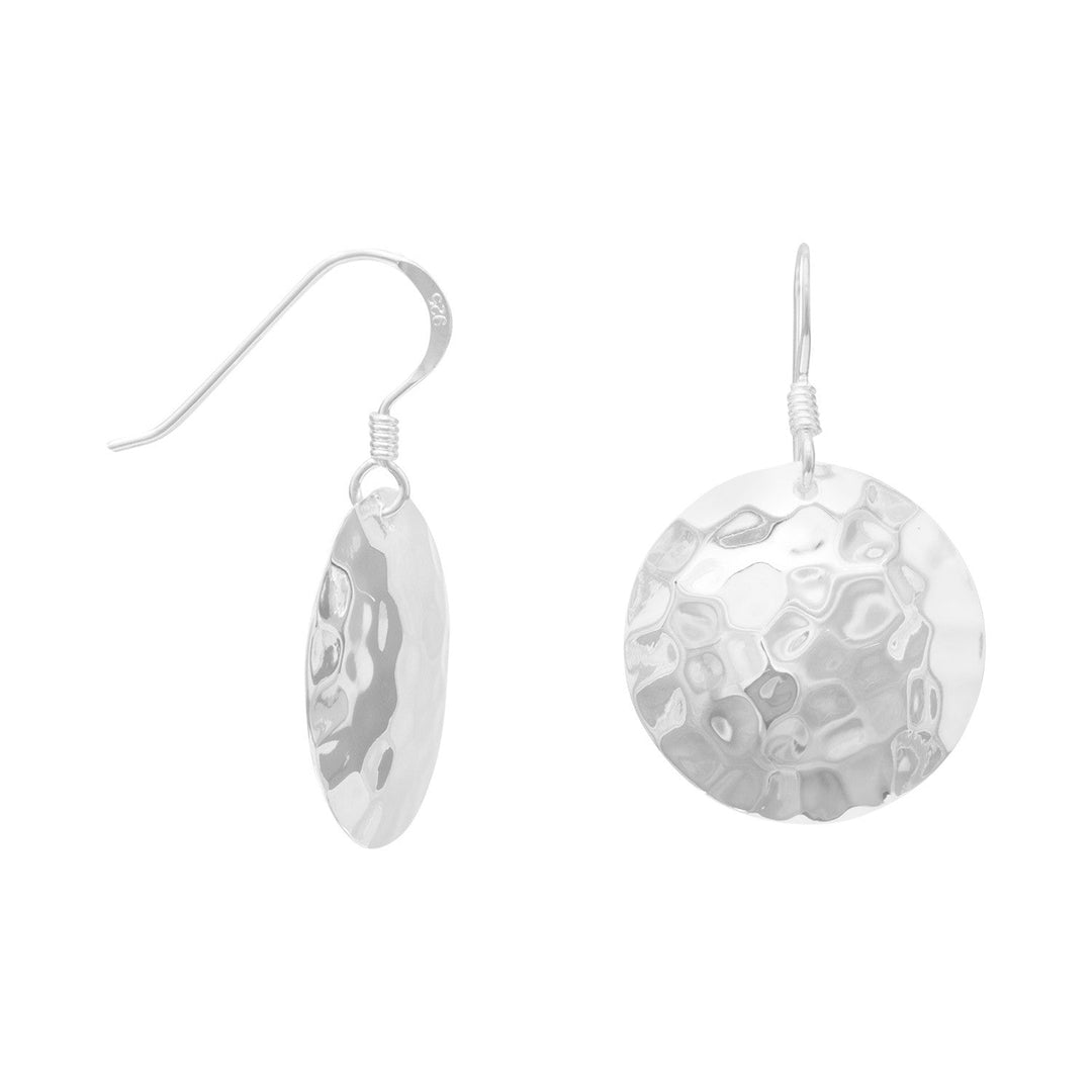 Hammered sterling silver round french wire earrings. Earrings are 18.5mm in diameter and hang 30.5mm. .925 Sterling Silver