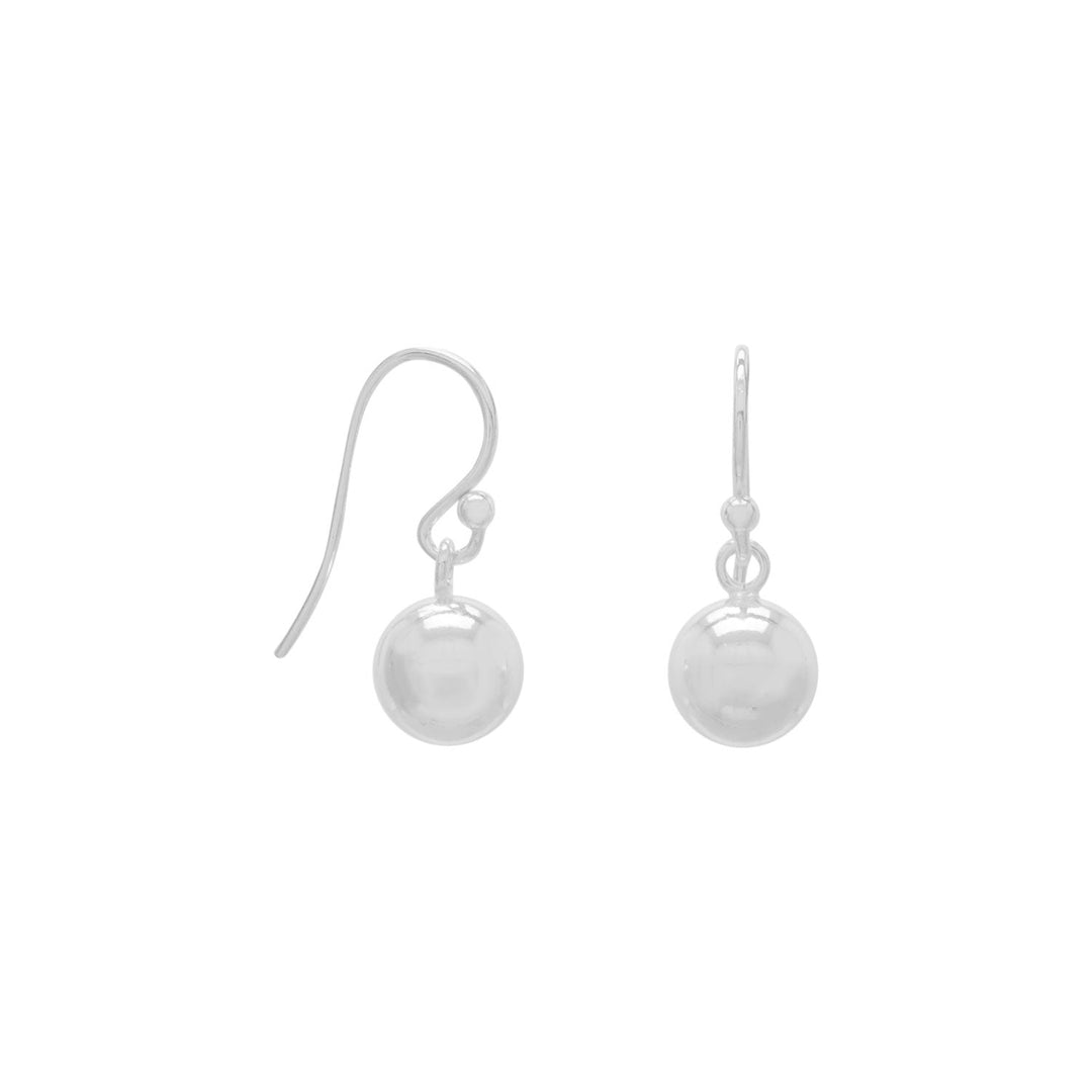 Polished sterling silver 8mm bead drop french wire earrings. Earrings hang approximately 22.5mm. .925 Sterling Silver