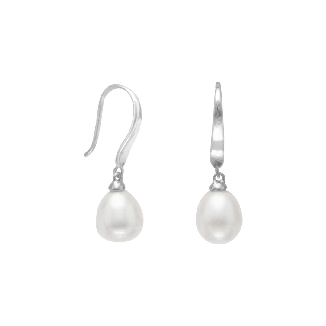 Rhodium plated sterling silver french wire earrings with white cultured freshwater pearl drops. Pearls are approximately 7.5mm. .925 Sterling Silver