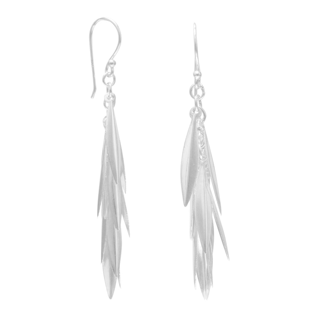 Presenting a pair of polished marquise cluster drop earrings that exude sophistication and grace. These earrings are crafted from .925 sterling silver, ensuring durability and longevity. Measuring 47mm in length, they are lightweight and comfortable to wear for extended periods. The design features a cluster of marquise-shaped silver pieces that resemble light, airy feathers gathered on the ear.