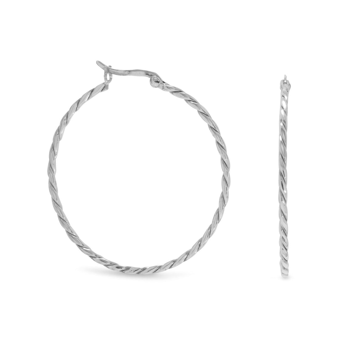 Sterling silver thin twist hoop earrings with click closure. Earrings measure 1.4mm x 42mm. .925 Sterling Silver