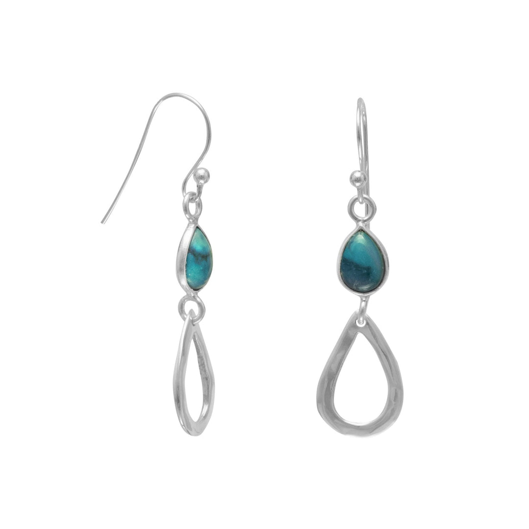 Sterling silver and stabilized turquoise pear shape drop french wire earrings. The stabilized turquoise is approximately 7.5mm x 4mm and the earrings measure 41mm x 9.5mm. .925 Sterling Silver