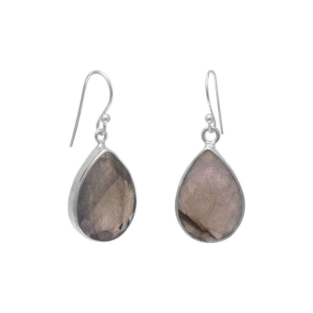 Sterling silver 12mm x 9mm pear shape faceted labradorite french wire earrings. Earrings have a hanging length of 30mm.<br>.925 Sterling Silver